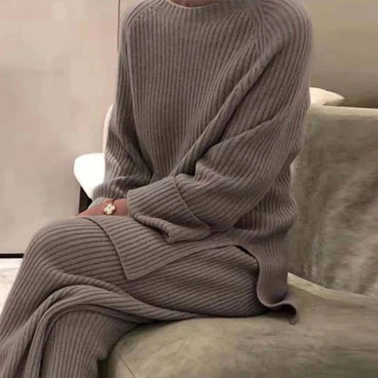 2022 Knitted Sweater Suit Women Elegant Solid O-Neck Pullovers+Wide comfy trousers