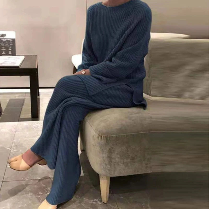 2022 Knitted Sweater Suit Women Elegant Solid O-Neck Pullovers+Wide comfy trousers