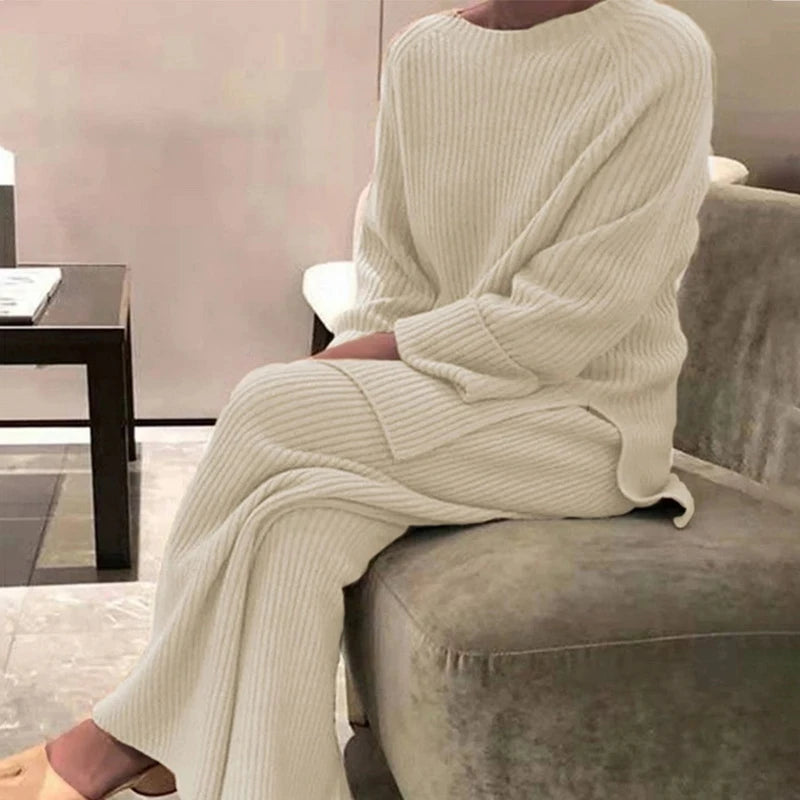 2022 Knitted Sweater Suit Women Elegant Solid O-Neck Pullovers+Wide comfy trousers