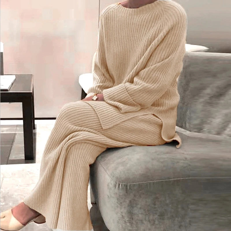 2022 Knitted Sweater Suit Women Elegant Solid O-Neck Pullovers+Wide comfy trousers