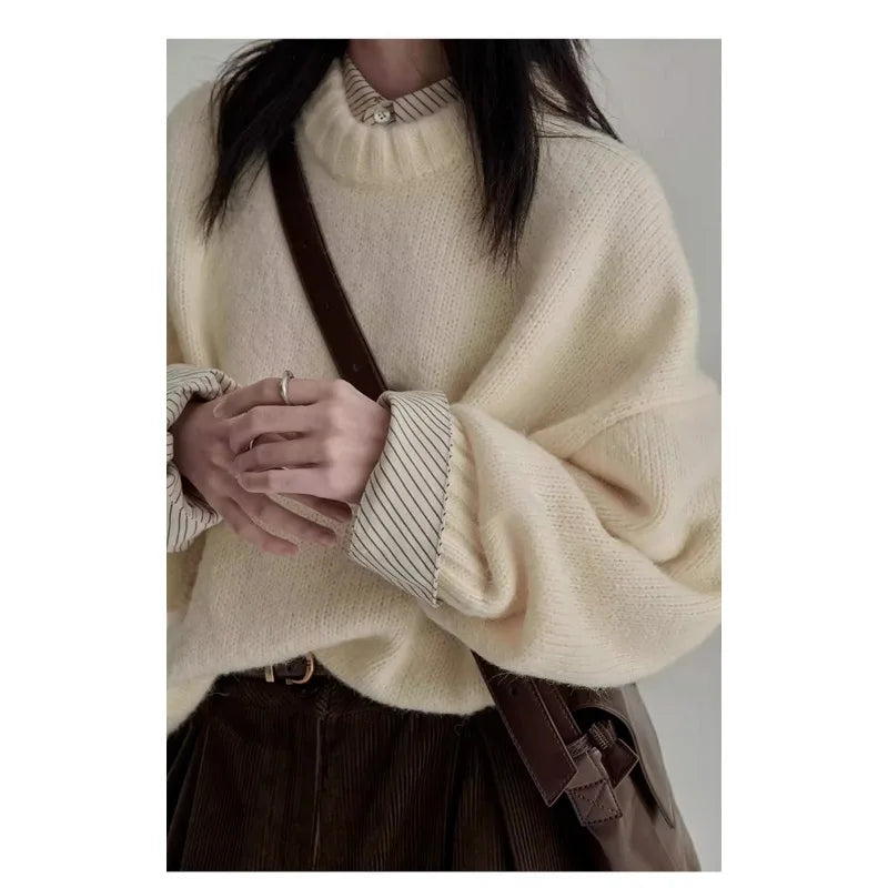 Literary Retro Jumper Tops Female Autumn Winter Round Neck Loose Lazy Style Bottom Knitted Sweater Blouse Long-sleeved Pullovers