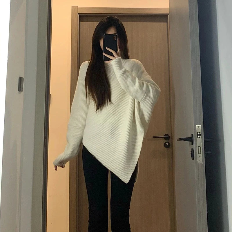 High-necked cashmere sweater with a sense of design, thick irregular loose sweater for women, lazy wind knitted top in autumn an