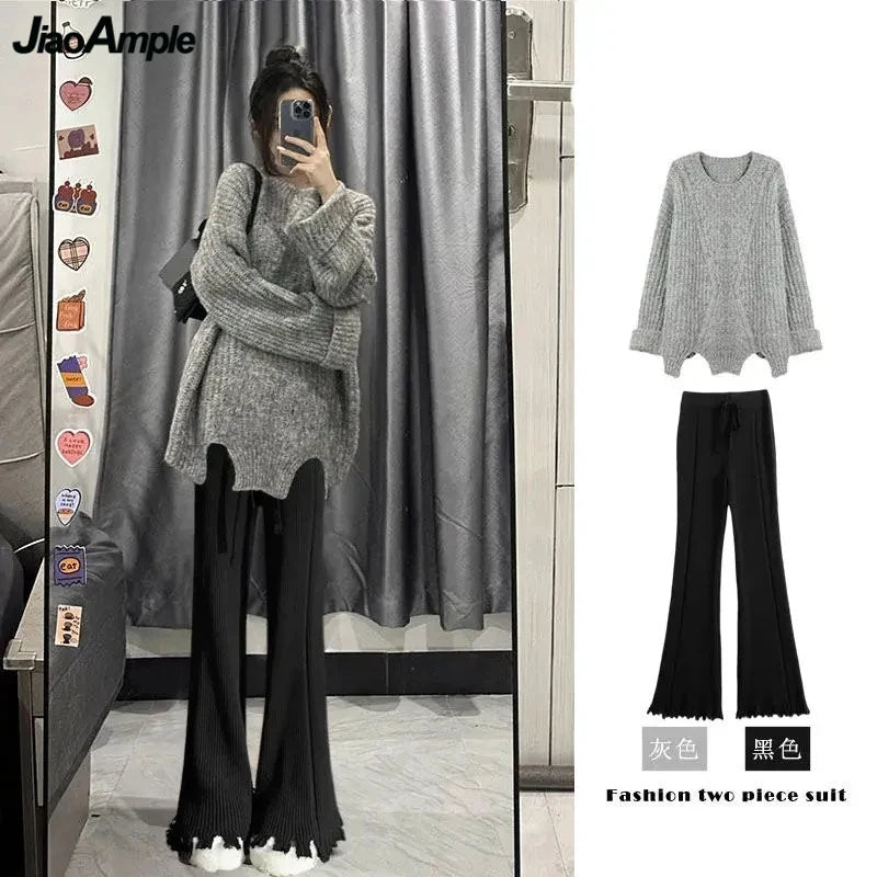 Autumn Winter Knitwear for Women Casual Loose Sweater Pullover Pants 1 or 2 Matching Sets 2023 New Lady Knit Tops Trouser Suits