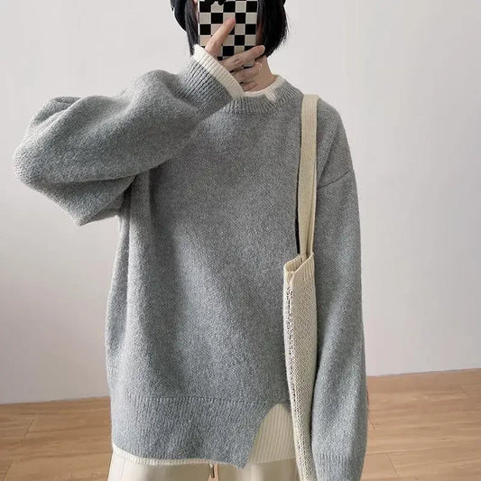 Thickened Two-piece Illusion Side Slit Sweater Women's Winter 2022 New Loose-fit Slimming Fleece-lined Knit Top Crew Neck