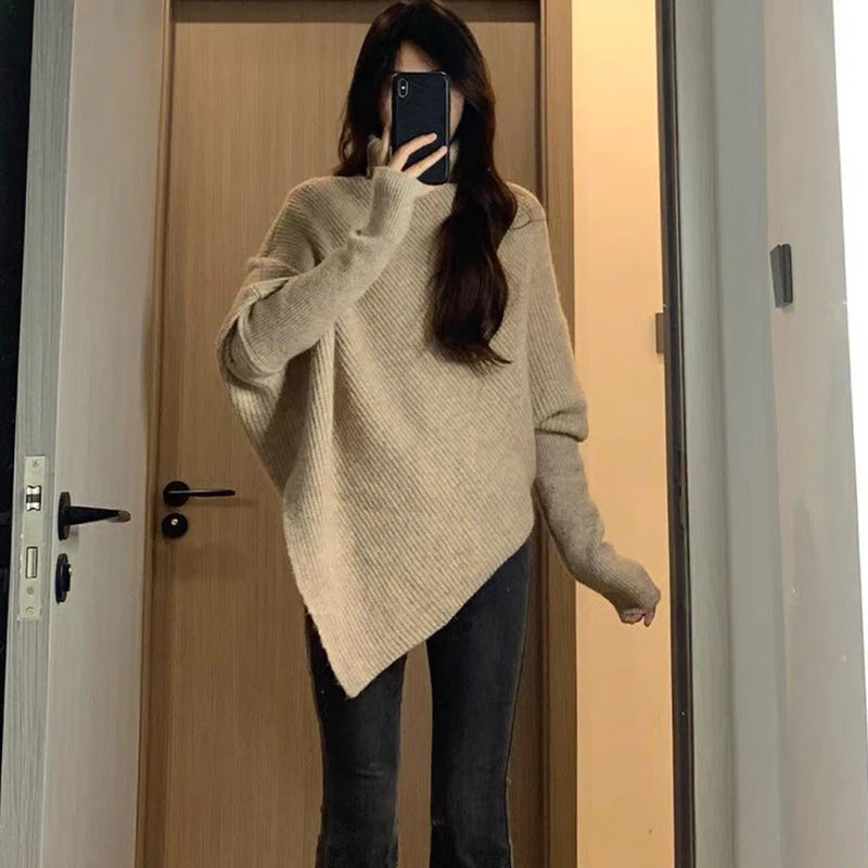 High-necked cashmere sweater with a sense of design, thick irregular loose sweater for women, lazy wind knitted top in autumn an