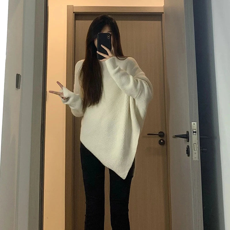 High-necked cashmere sweater with a sense of design, thick irregular loose sweater for women, lazy wind knitted top in autumn an